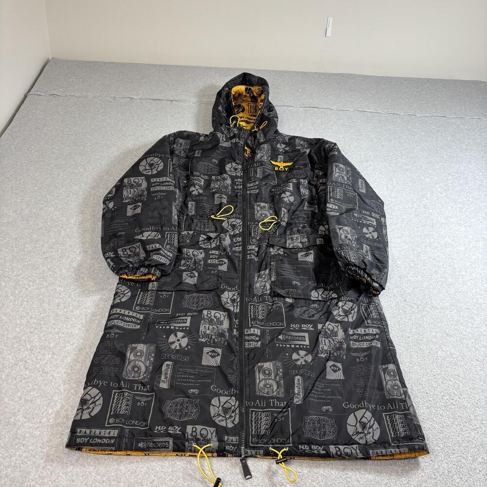 BOY London Coat Mens Large Black Parka Long Hooded Full Zip Insulated Reversible